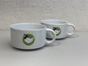 FTD White Ceramic Handled Soup Mug Bowl Green Polka Dot Harvest Country Chicken